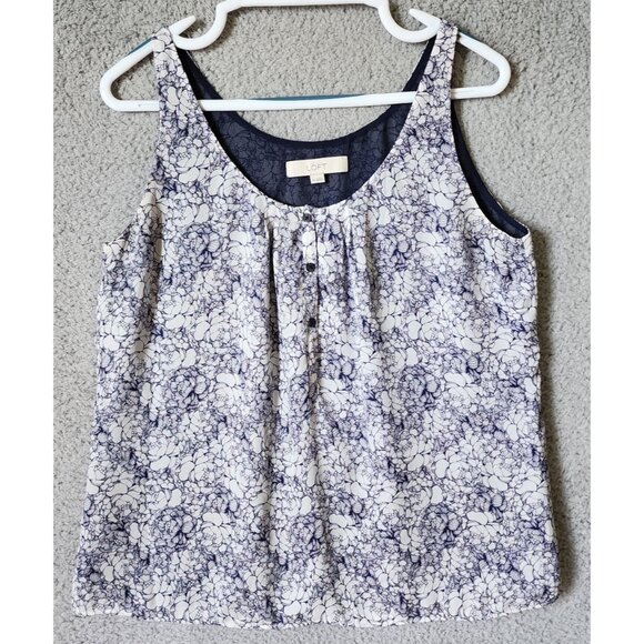 LOFT Women's Size Medium Sleeveless Round Button Neck Blouse Top Blue Floral - Picture 1 of 10